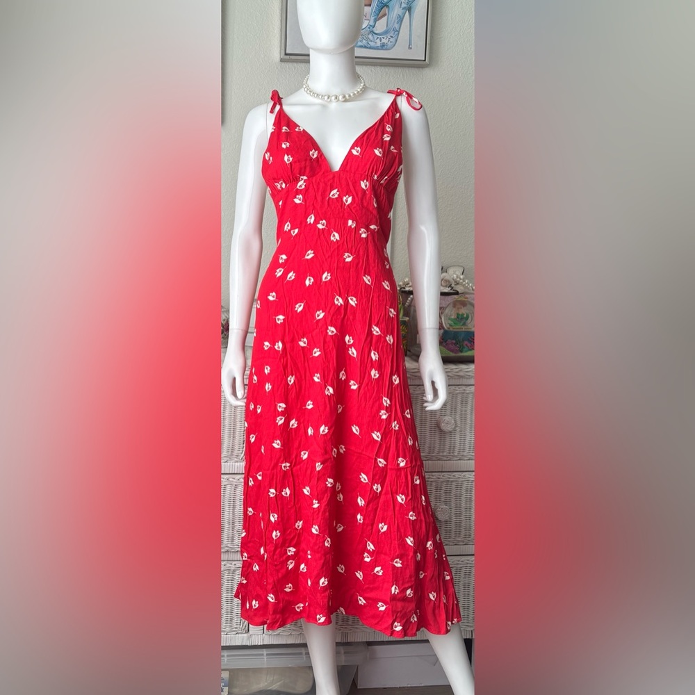 Reformation Talita Red White Floral Midi Dress Low Cut Jeanne Print Size 12 NWT